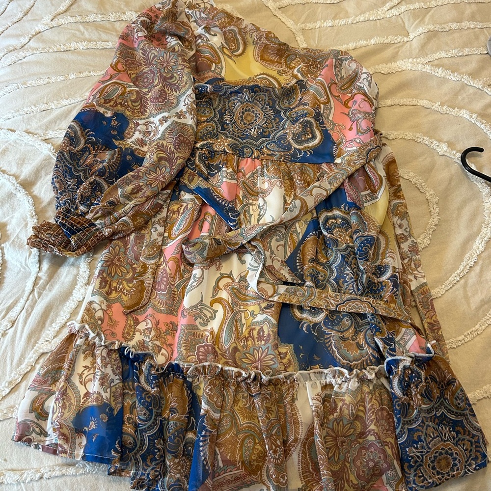 VENUS One-Shoulder Paisley Dress in Blue and Brown - Picture 2 of 6